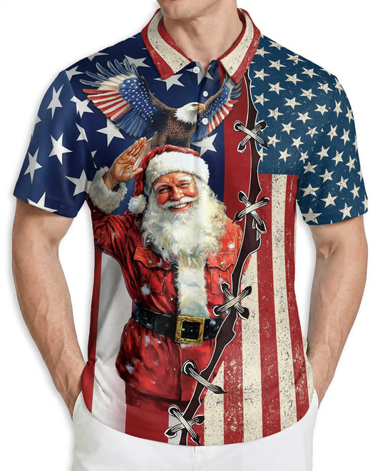 Patriotic Santa Eagle American Flag 3D Polo Shirt | Azhobbyshop
