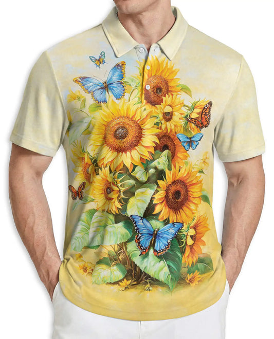 Sunflower Butterfly 3D Polo Shirt for Men – Floral Nature Summer Style | Azhobbyshop