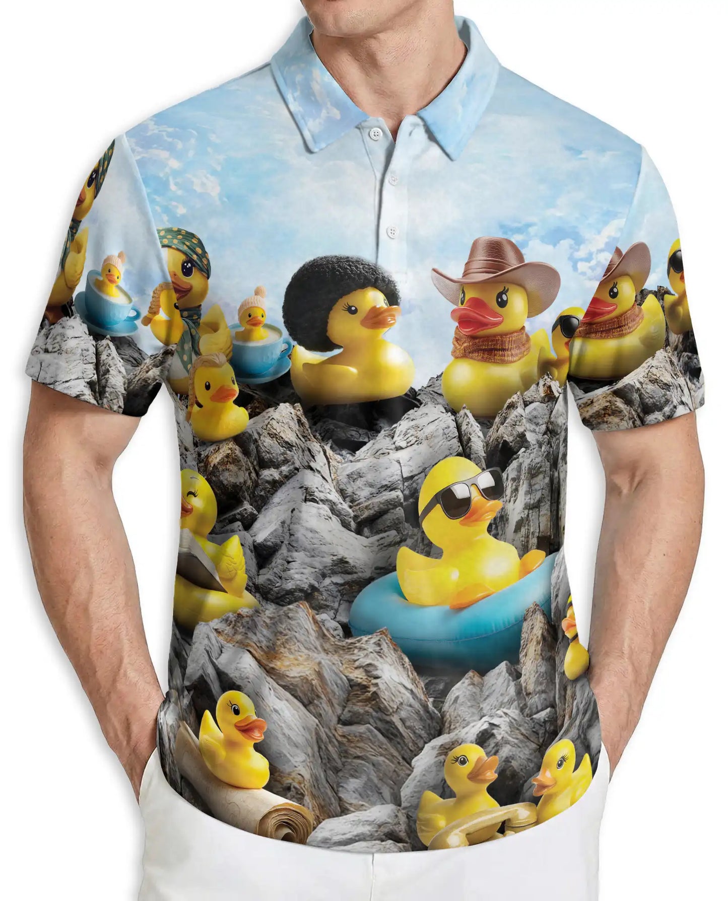Funny Rubber Duck Polo Shirt – Cute Duck Mountain Scene | Azhobbyshop