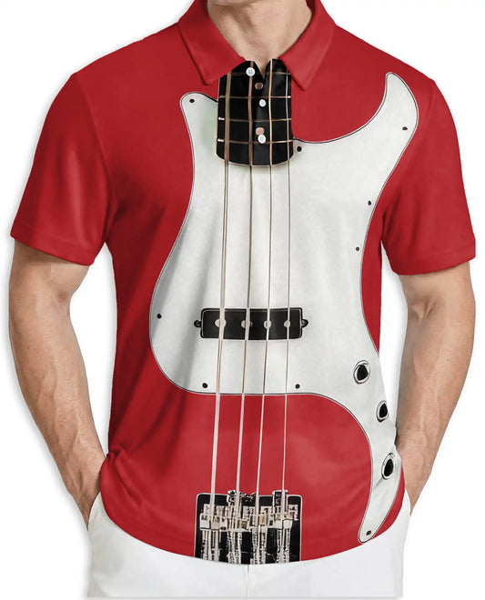 Bass Guitar 3D Polo Shirt for Men – Red Electric Music Style | Azhobbyshop