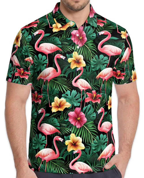 Flamingo Hawaiian 3D Polo Shirt for Men – Tropical Flower Beach Style | Azhobbyshop