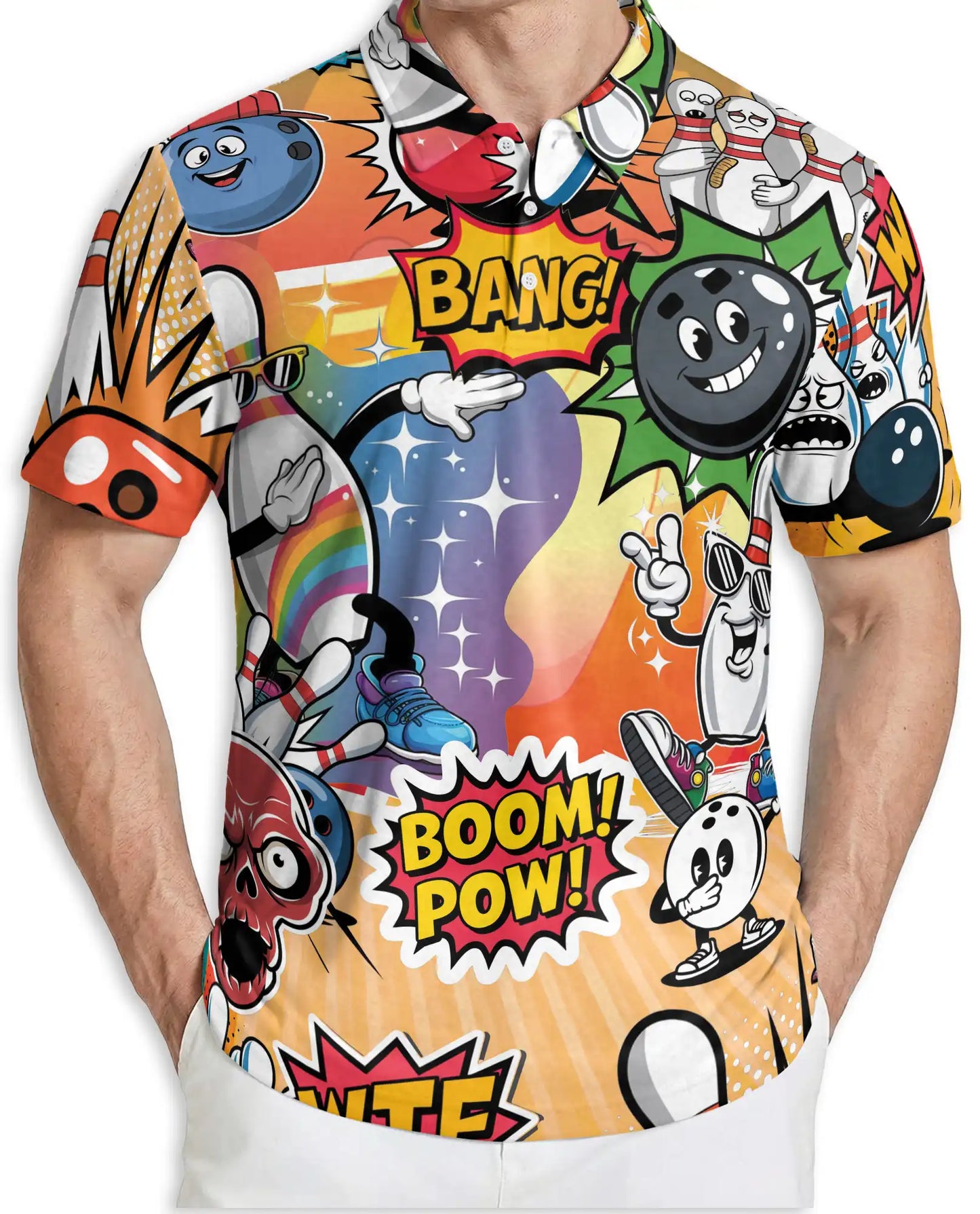 Comic Bowling Polo Shirt -Boom Pow Funny Bowling Graphic Shirt | Azhobbyshop