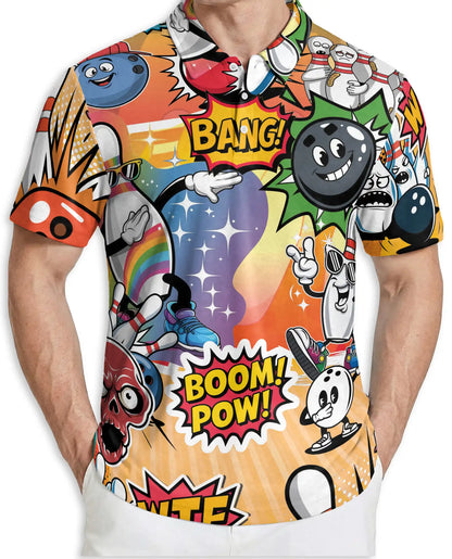 Comic Bowling Polo Shirt -Boom Pow Funny Bowling Graphic Shirt | Azhobbyshop