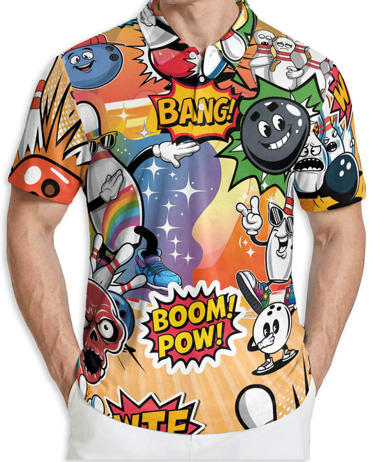 Comic Bowling Polo Shirt -Boom Pow Funny Bowling Graphic Shirt | Azhobbyshop