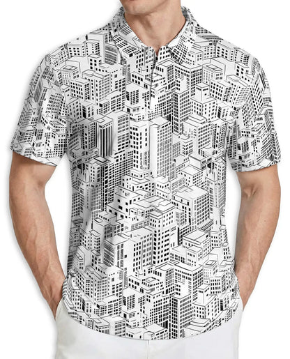 City Buildings 3D Polo Shirt for Men – Black & White Urban Architecture Print | Azhobbyshop