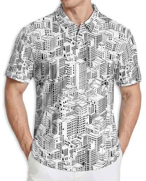 City Buildings 3D Polo Shirt for Men – Black & White Urban Architecture Print | Azhobbyshop
