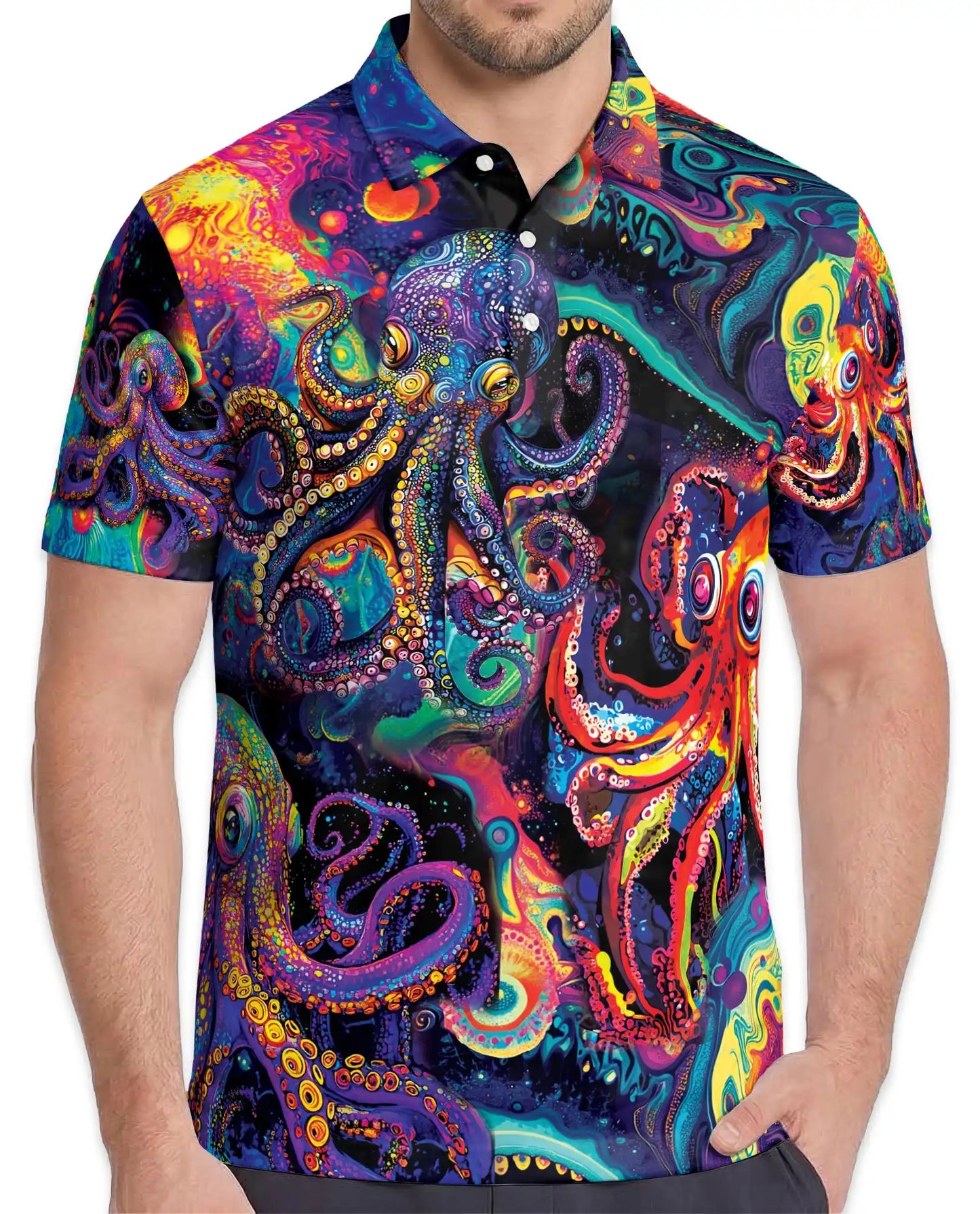 Octopus Psychedelic 3D Polo Shirt for Men – Colorful Ocean Art Style | Azhobbyshop