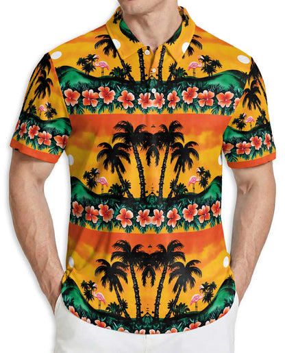 Tropical Sunset Flamingo 3D Polo Shirt for Men – Palm Tree Island Print | Azhobbyshop