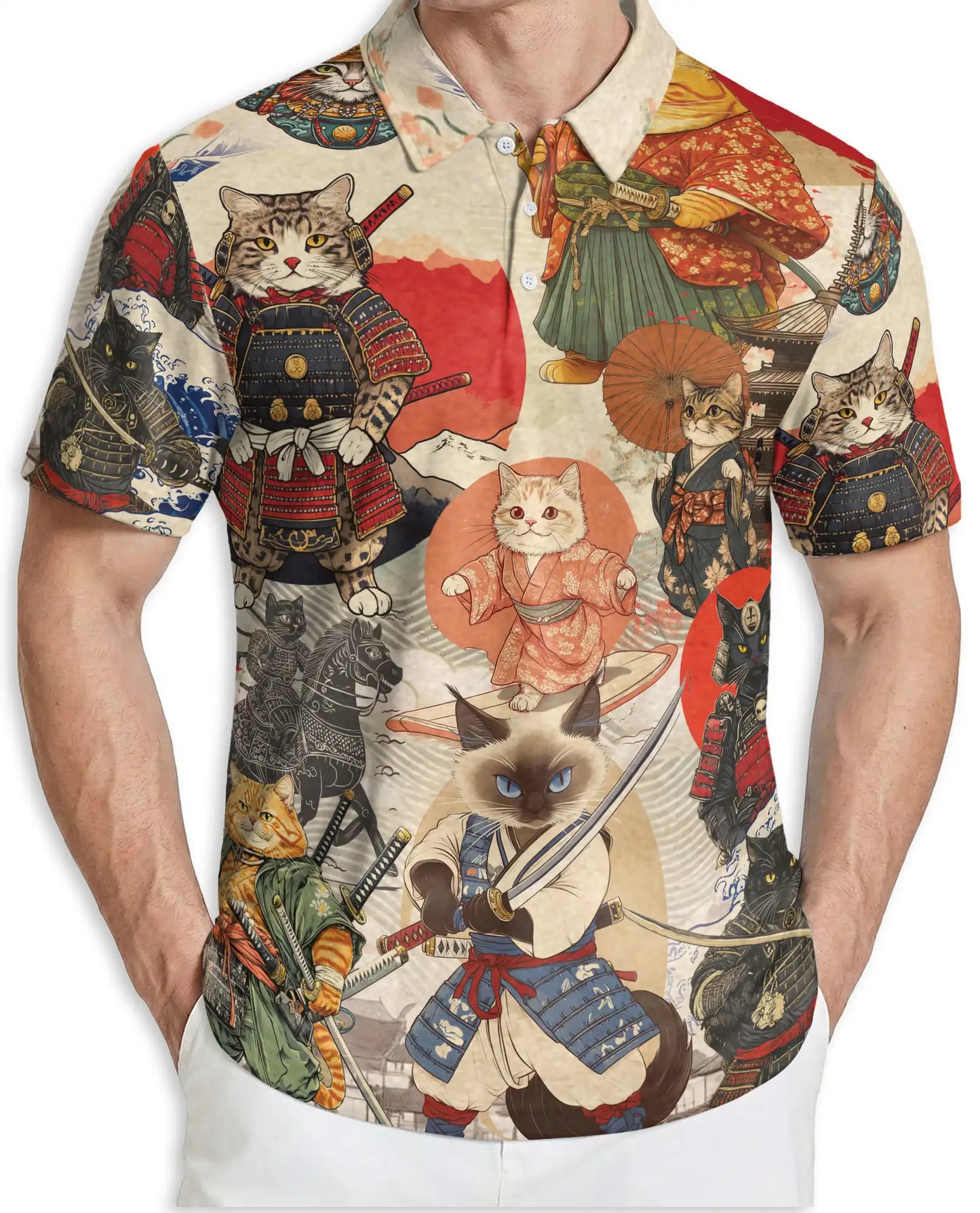 Japanese Samurai Cat 3D Polo Shirt for Men – Vintage Warrior Art Style | Azhobbyshop