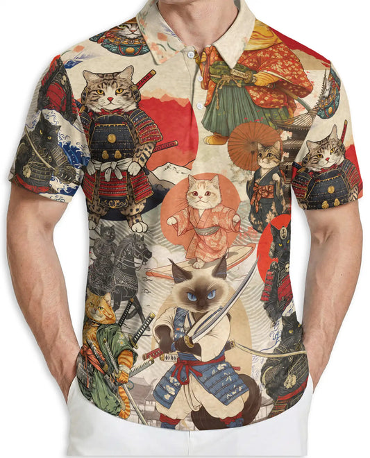 Japanese Samurai Cat 3D Polo Shirt for Men – Vintage Warrior Art Style | Azhobbyshop