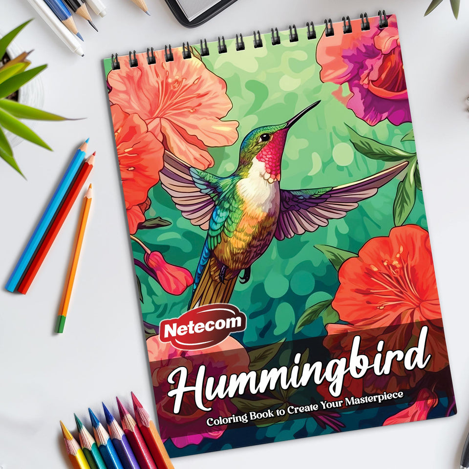 Hummingbird Spiral Bound Coloring Book, Graceful Hummingbirds Amidst Floral Beauty, Ideal for Bird Lovers and Nature Art Enthusiasts