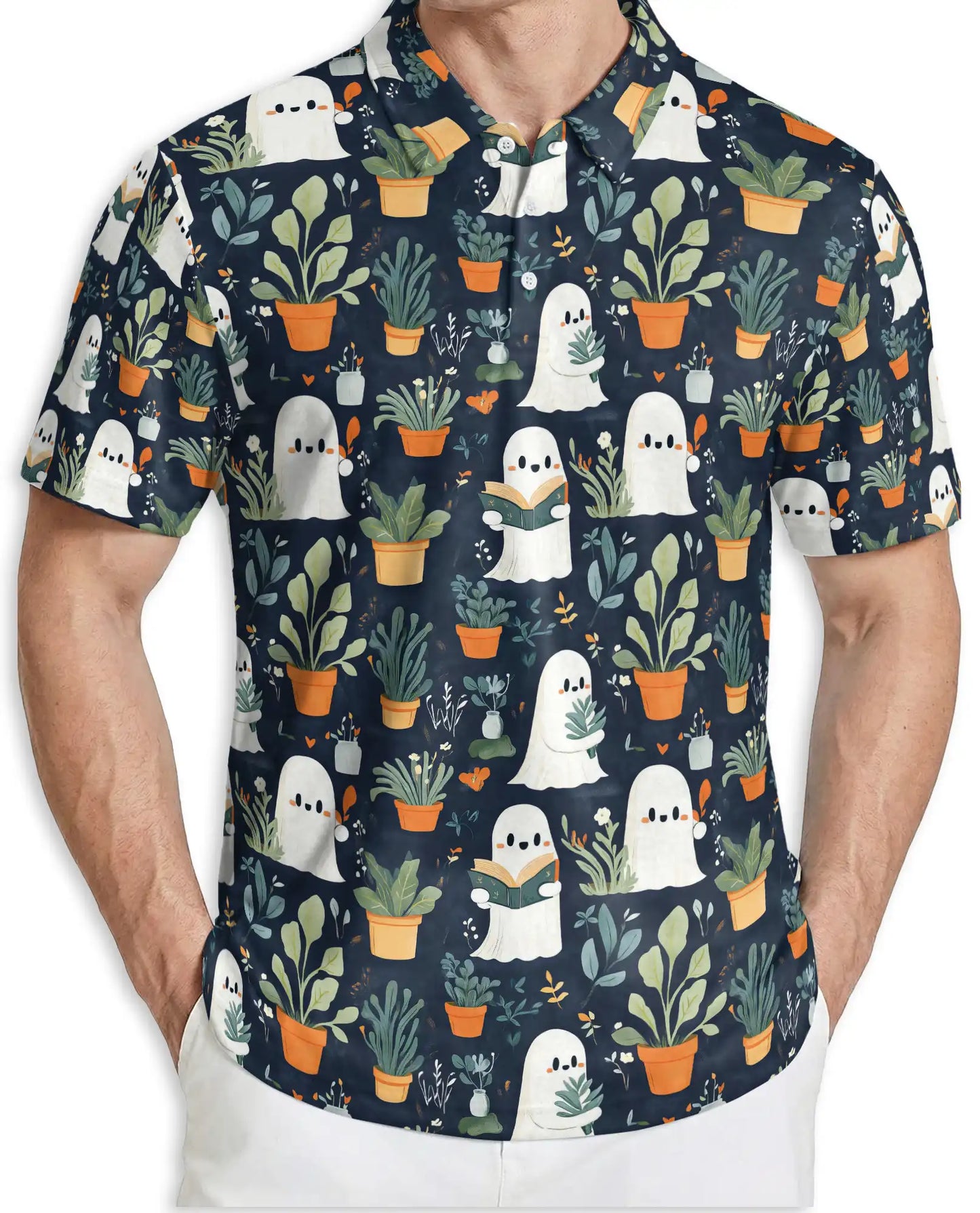 Cute Ghost Plant Polo Shirt for Men – Funny Halloween Garden Style | Azhobbyshop