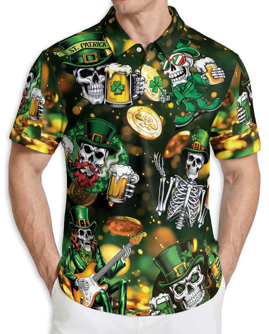 St. Patrick’s Day Skull Hawaiian Polo Shirt – Irish Beer Skeleton Shirt | Azhobbyshop