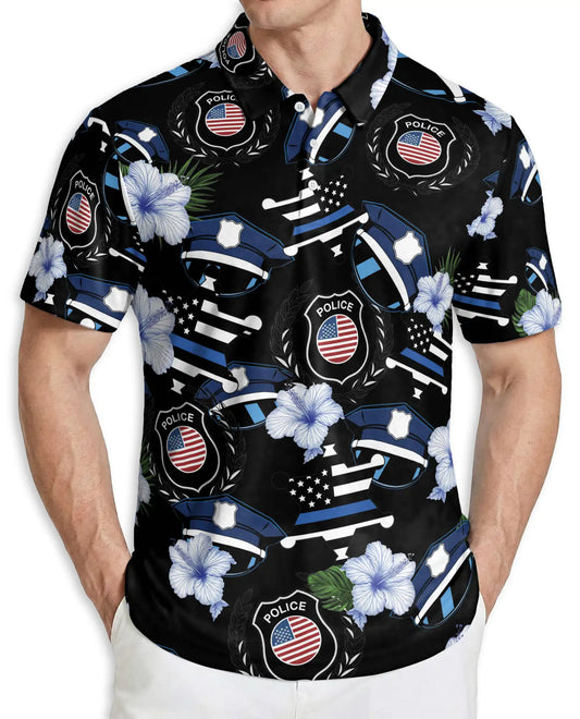 Police Badge Hawaiian Polo Shirt – Thin Blue Line American Flag Shirt | Azhobbyshop