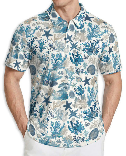 Ocean Coral Starfish 3D Polo Shirt for Men – Coastal Sea Life Hawaiian Style | Azhobbyshop