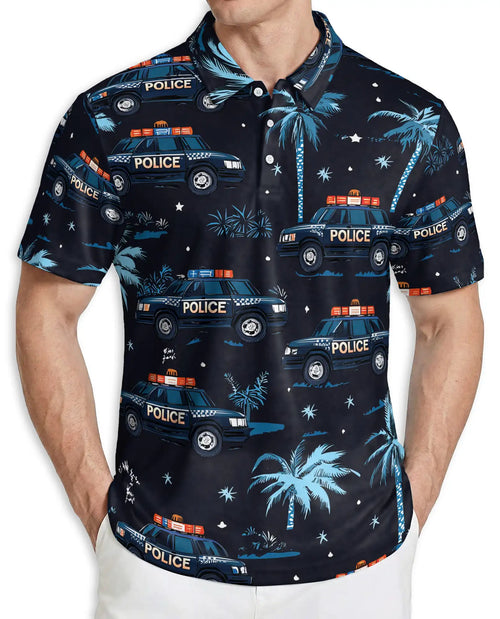 Police Car Polo Shirt – Tropical Night Patrol 3D Graphic | Azhobbyshop