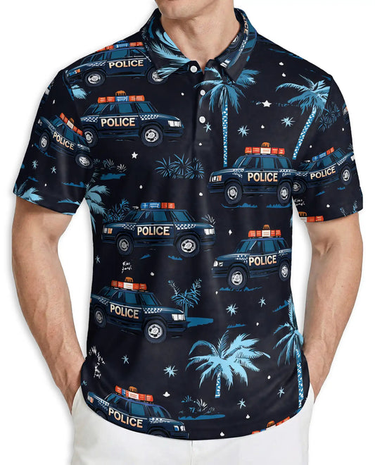 Police Car Polo Shirt – Tropical Night Patrol 3D Graphic | Azhobbyshop