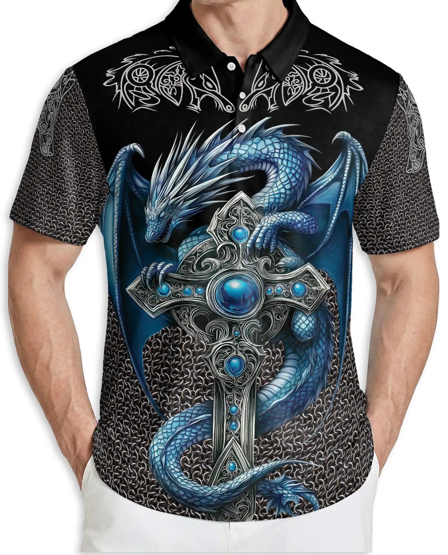 Ice Gothic Dragon 3D Polo Shirt for Men – Dark Fantasy Mythical Style | Azhobbyshop