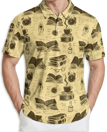 Book Pattern 3D Polo Shirt for Men – Vintage Coffee Reading Style | Azhobbyshop