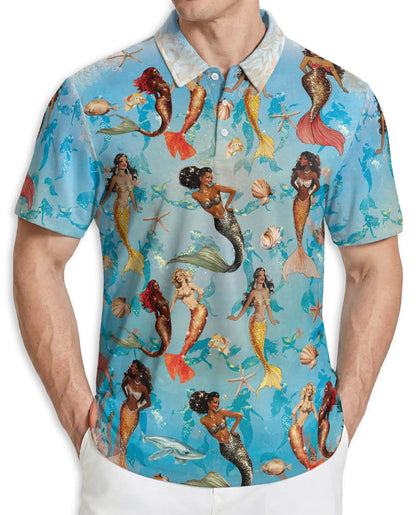 Lovely Mermaid Sea 3D Polo Shirt for Men – Cute Ocean Fantasy Hawaiian Style | Azhobbyshop