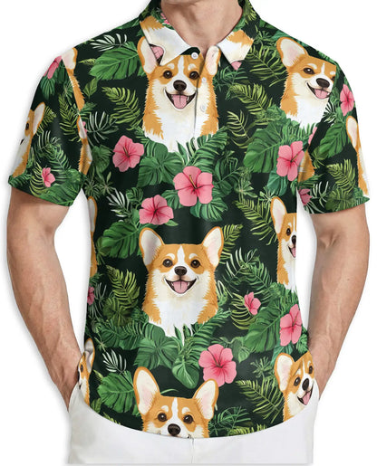 Corgi Love Flower Polo Shirt- Cute Dog Tropical Floral Shirt | Azhobbyshop