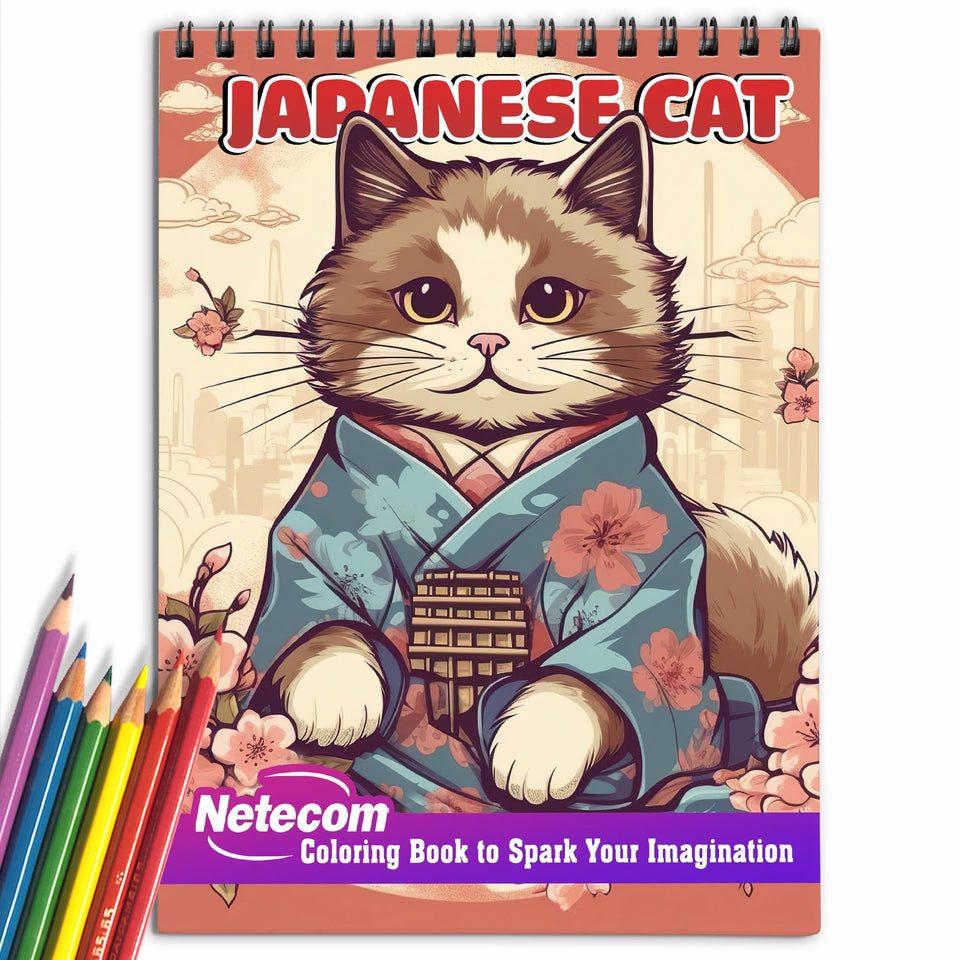 Japanese Cats Spiral Bound Coloring Book, Unleash Your Creativity with 30 Coloring Pages, Portraying Japanese Cats in Serene and Heartwarming Settings