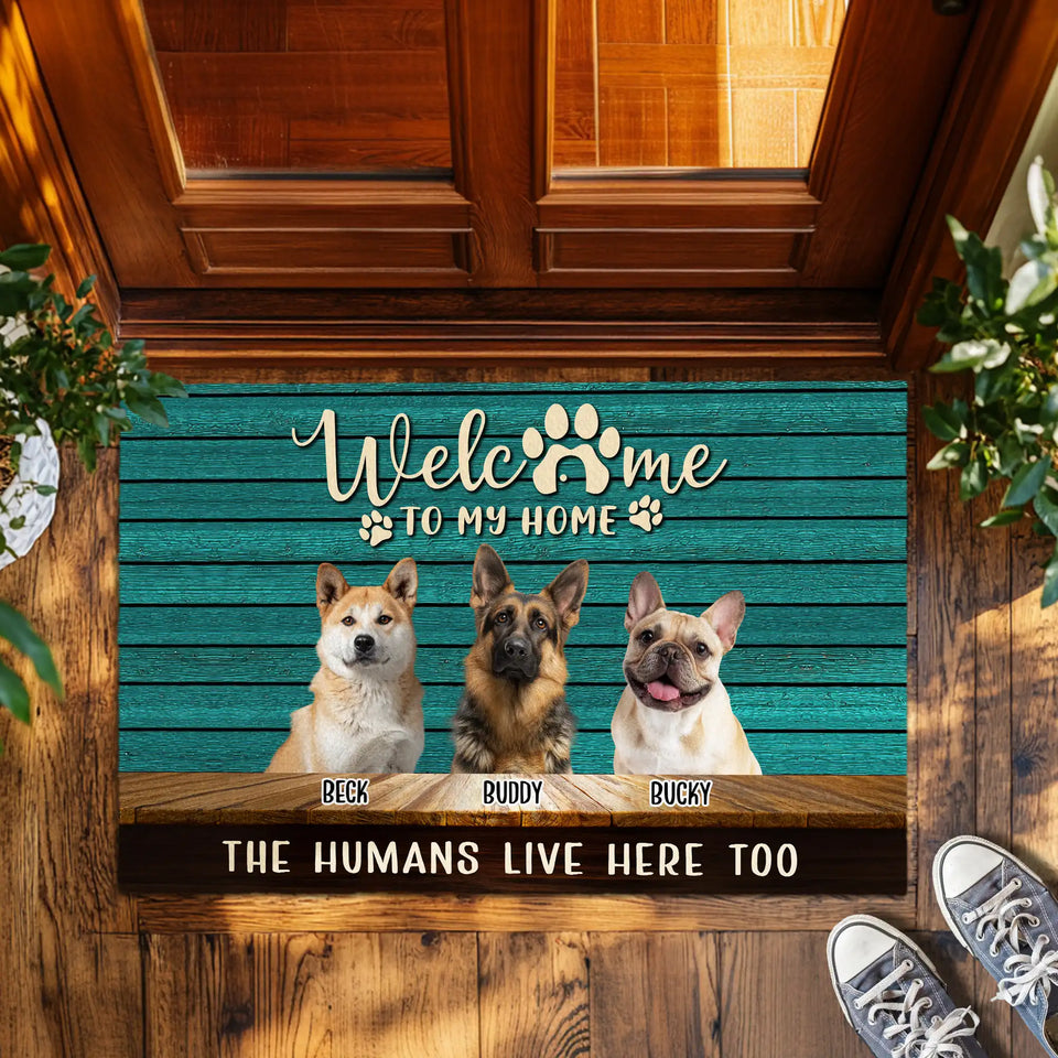 Personalized Turquoise Dog Doormat – Custom Pet Photos & Names Mat