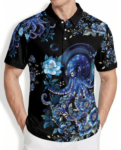 Blue Octopus Floral Polo Shirt – Ocean Sea Life Art Print | Azhobbyshop
