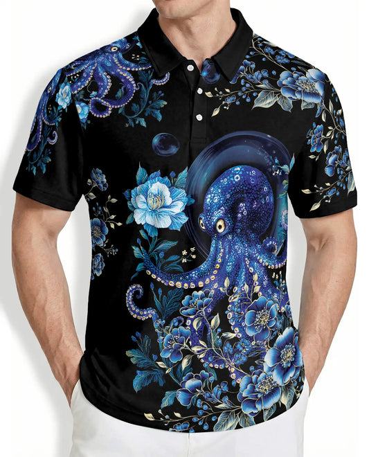 Blue Octopus Floral Polo Shirt – Ocean Sea Life Art Print | Azhobbyshop