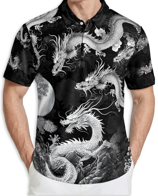 Japanese Dragon 3D Polo Shirt – Black White Oriental Art Style | Azhobbyshop