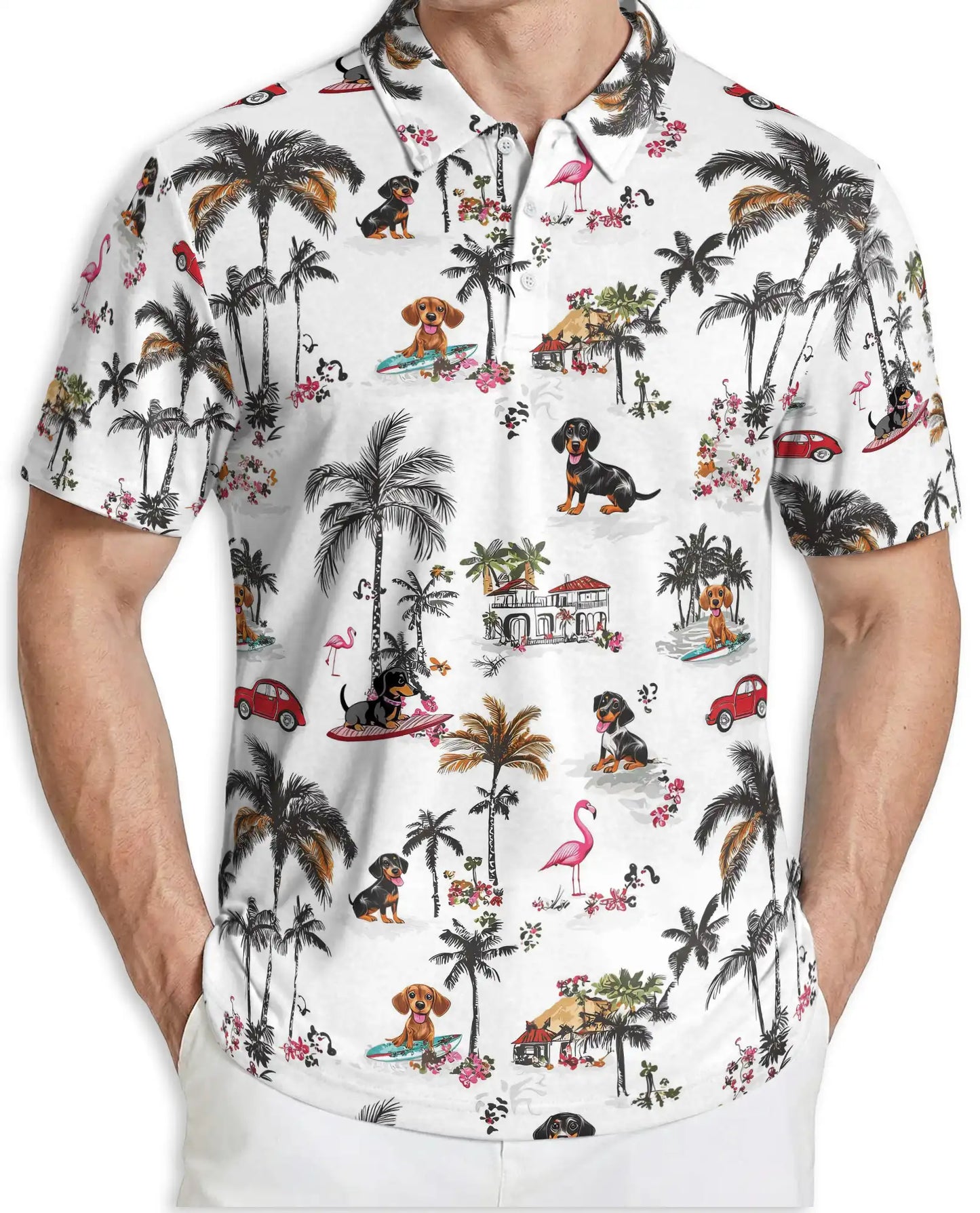 Dachshund Hawaiian 3D Polo Shirt for Men – Tropical Dog Beach Style | Azhobbyshop
