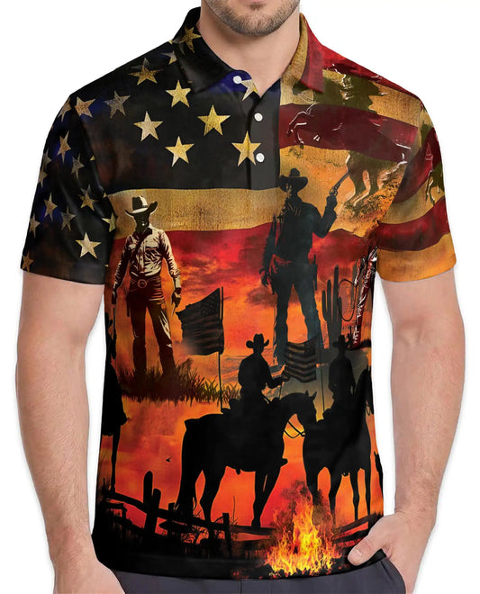 American Cowboy Patriotic Polo Shirt – Western USA Flag Sunset Print | Azhobbyshop