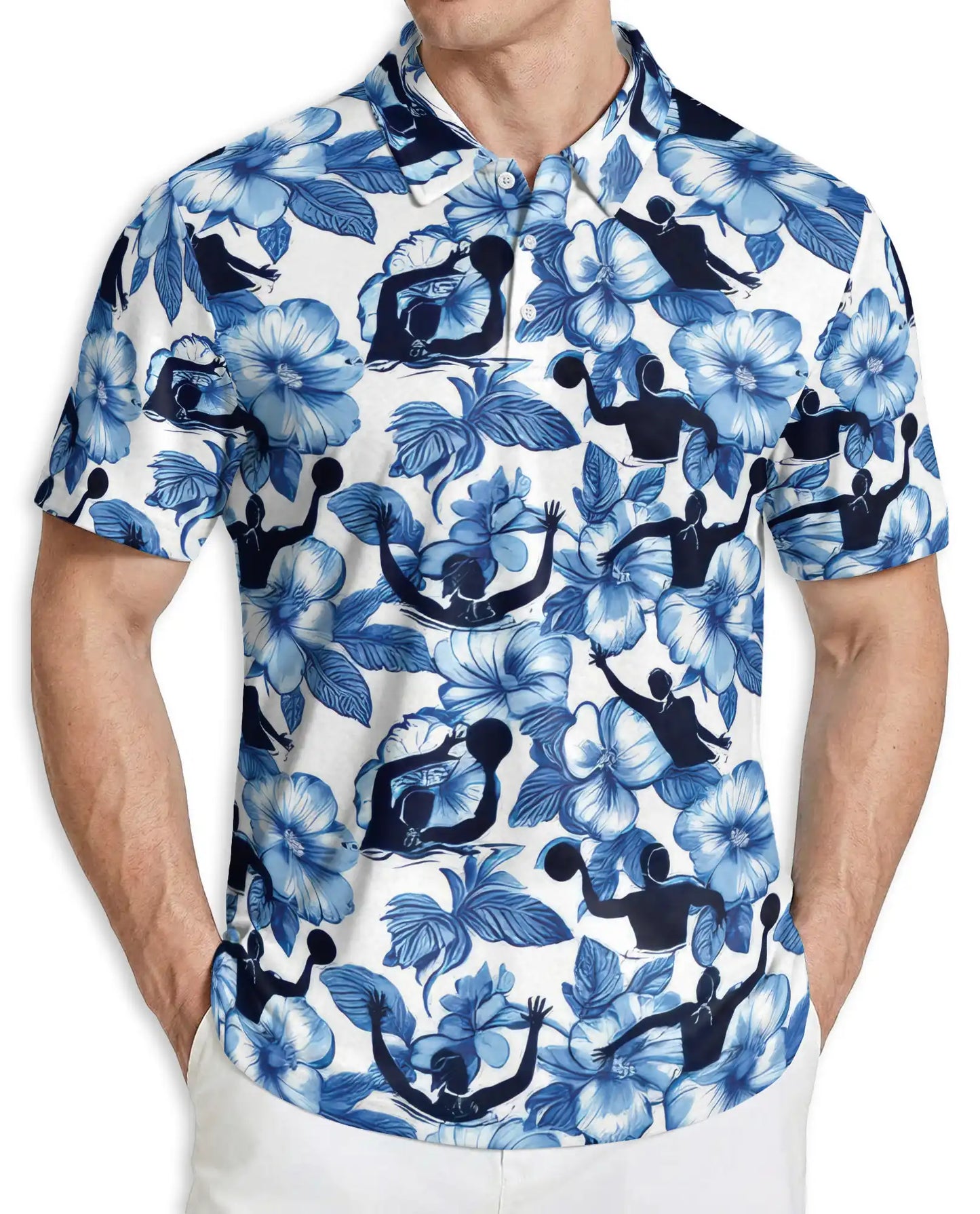 Water Polo Shirt – Blue Floral Hawaiian Sports Shirt | Azhobbyshop