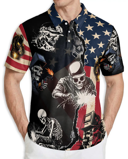 Welder Skull USA Flag 3D Polo Shirt for Men – American Welding Patriotic Style | Azhobbyshop