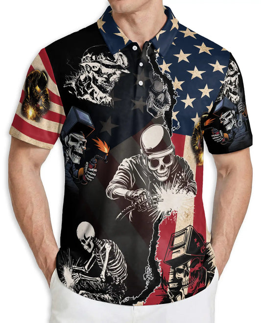 Welder Skull USA Flag 3D Polo Shirt for Men – American Welding Patriotic Style | Azhobbyshop