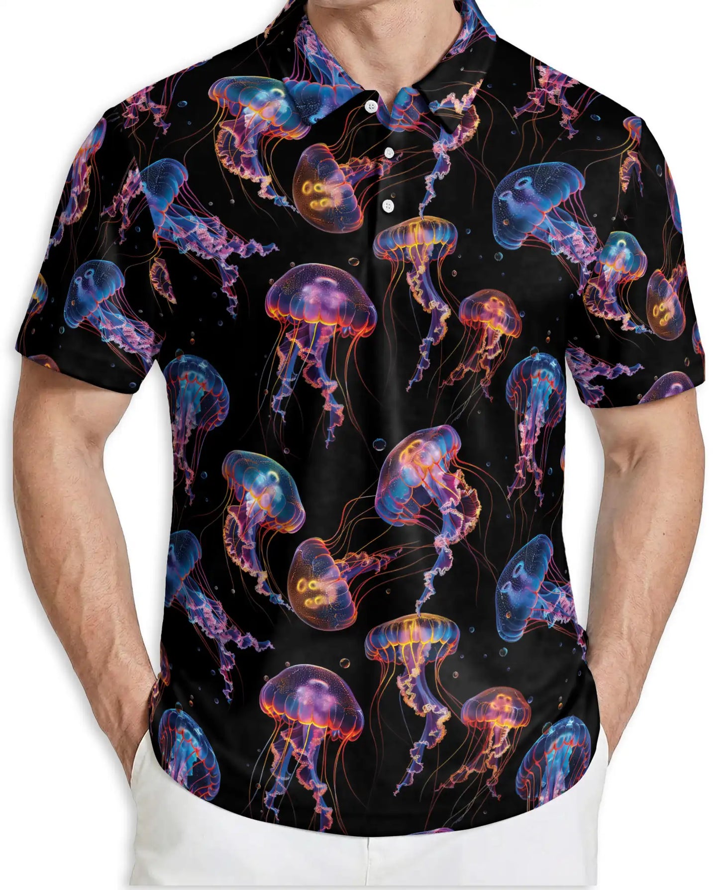 Neon Jellyfish 3D Polo Shirt for Men – Glowing Ocean Art Style | Azhobbyshop