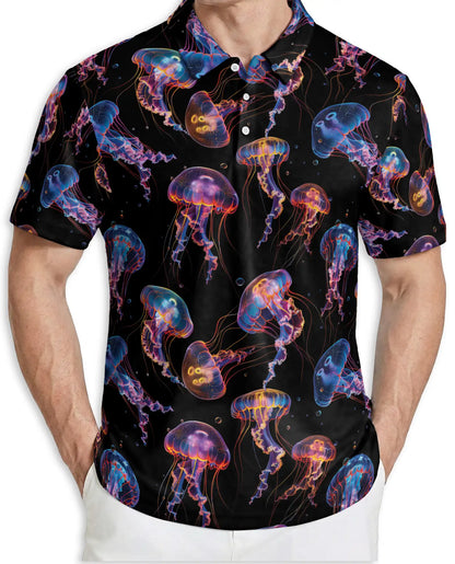 Neon Jellyfish 3D Polo Shirt for Men – Glowing Ocean Art Style | Azhobbyshop