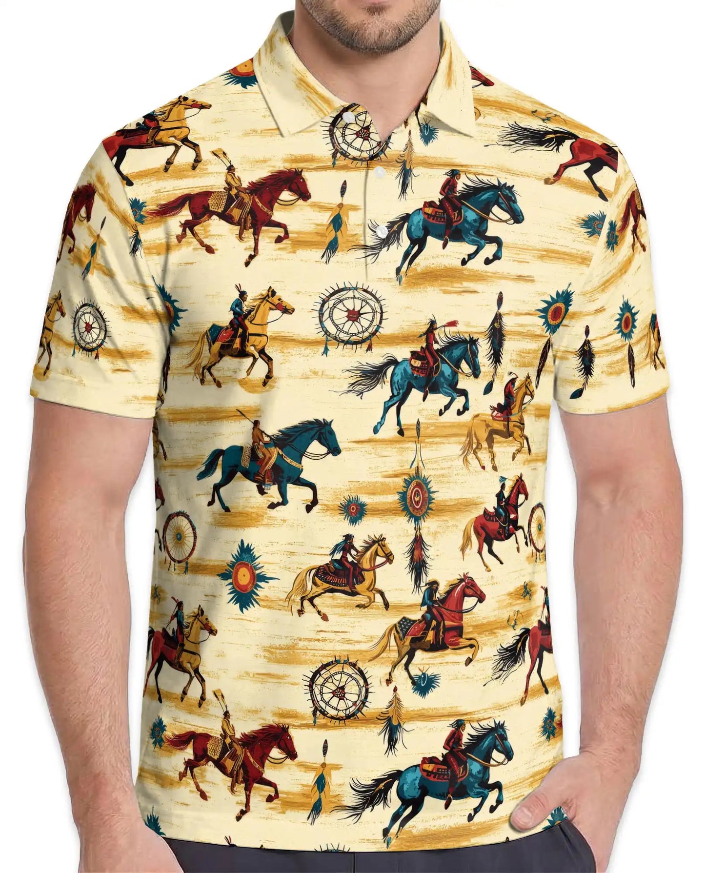 Wild Horse 3D Polo Shirt for Men – Western Native American Style Print | Azhobbyshop