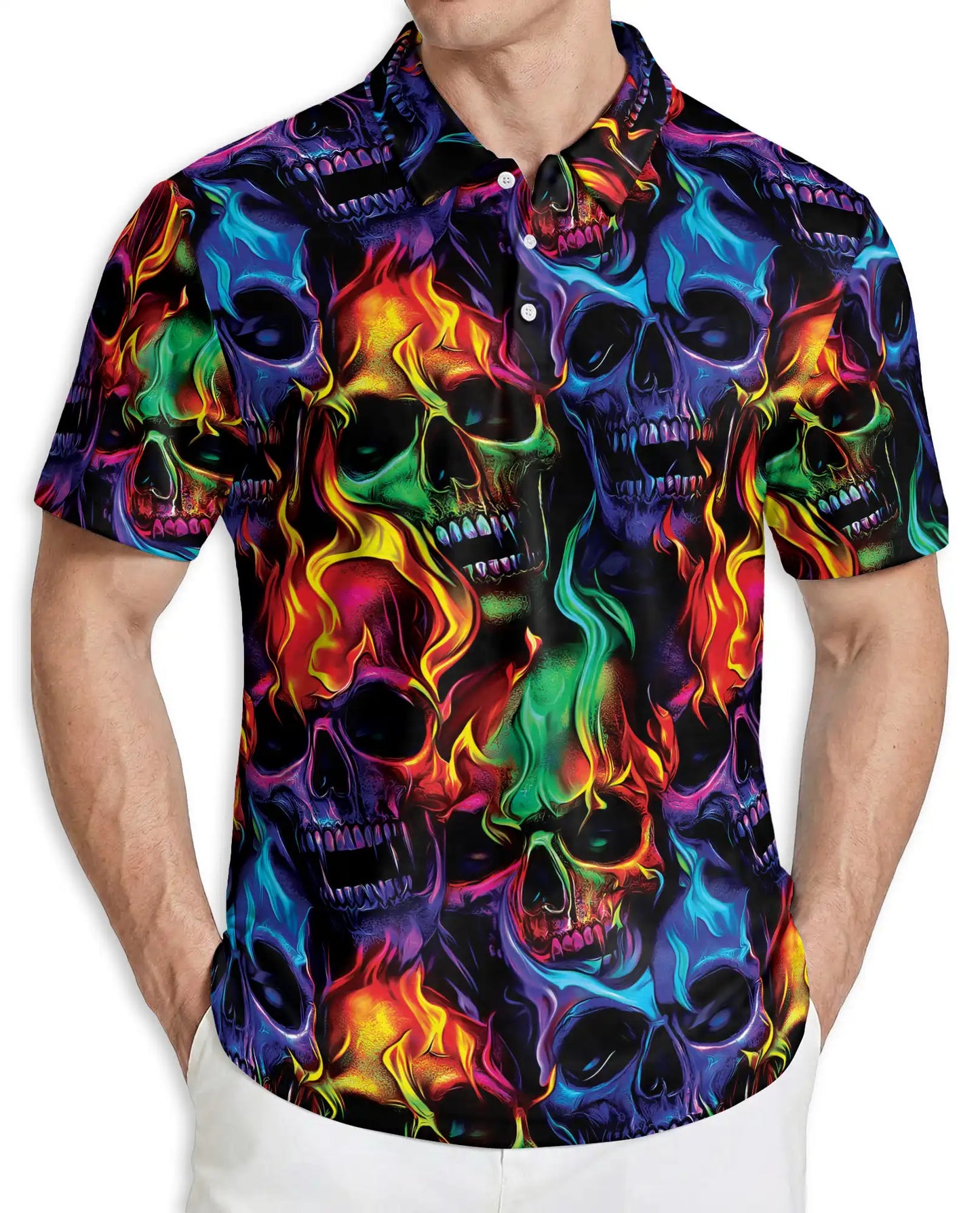 Flaming Skull Polo Shirt – Neon Gothic 3D Skull Graphic Tee | Azhobbyshop