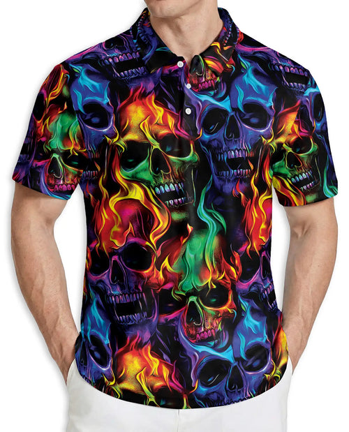 Flaming Skull Polo Shirt – Neon Gothic 3D Skull Graphic Tee | Azhobbyshop