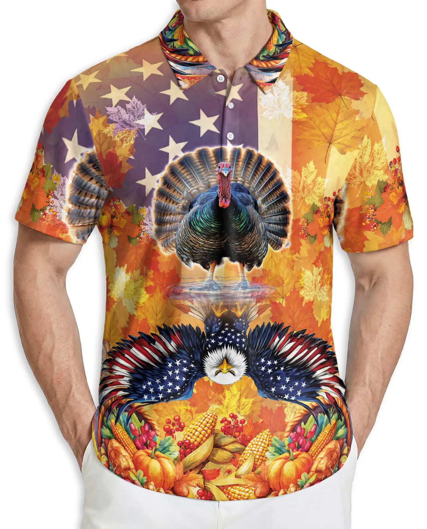 Turkey and Eagle Polo Shirt – Patriotic Thanksgiving Fall Harvest 3D Graphic | Azhobbyshop