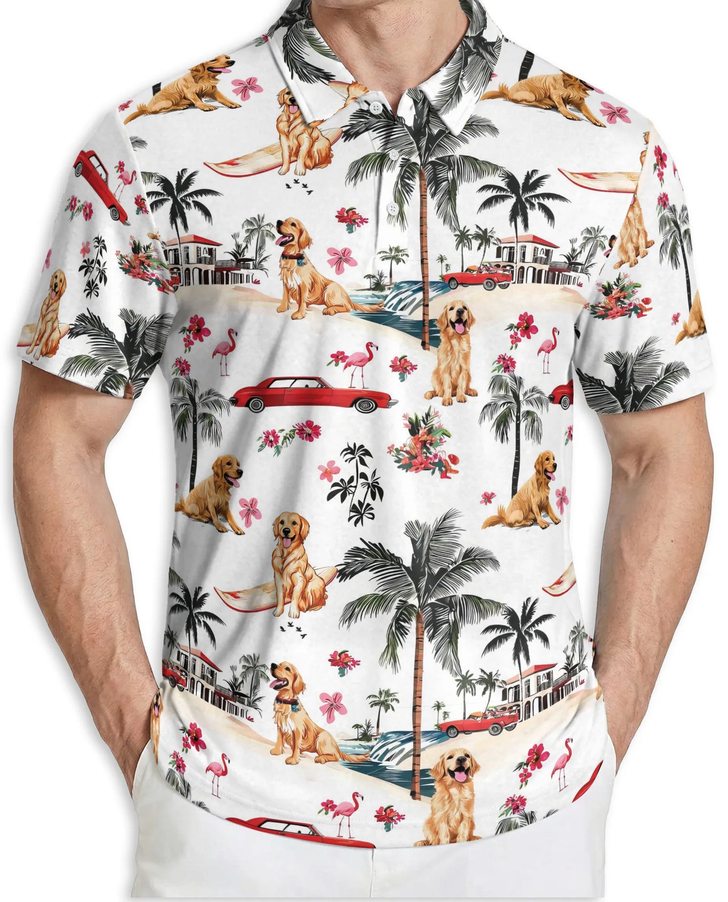 Golden Retriever Hawaiian 3D Polo Shirt for Men – Tropical Dog Beach Style | Azhobbyshop