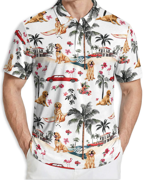Golden Retriever Hawaiian 3D Polo Shirt for Men – Tropical Dog Beach Style | Azhobbyshop