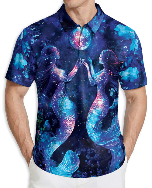 Galaxy Mermaid 3D Polo Shirt for Men – Fantasy Ocean Night Sky Design | Azhobbyshop