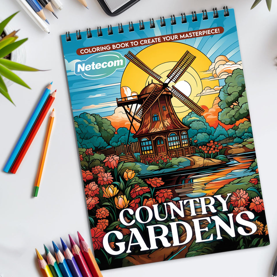 Country Gardens Spiral Bound Coloring Book, Idyllic Country Gardens for a Relaxing Escape, Perfect for Nature Lovers and Gardening Enthusiasts