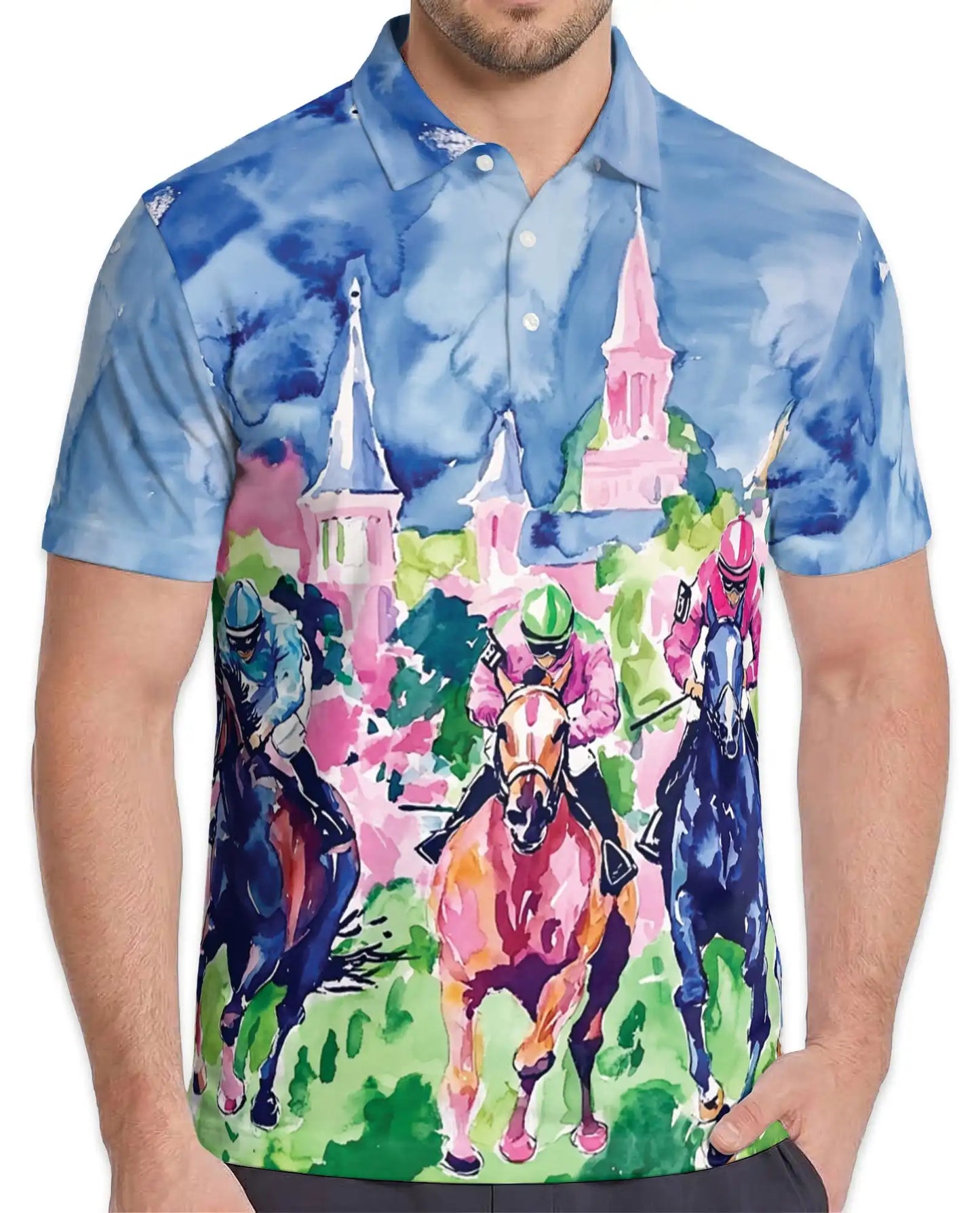 Horse Racing Watercolor 3D Polo Shirt for Men – Jockey Derby Art Style | Azhobbyshop