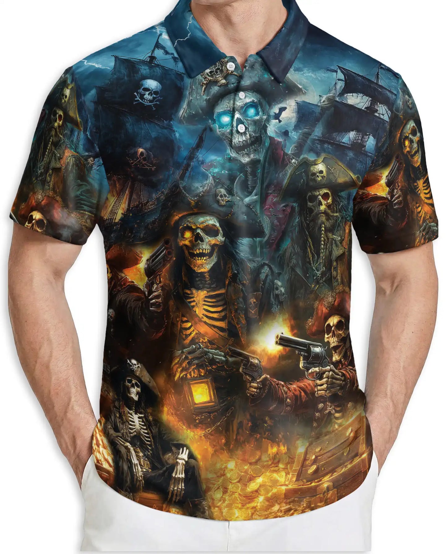 Pirate Skull 3D Polo Shirt for Men – Dark Gothic Skeleton Style | Azhobbyshop