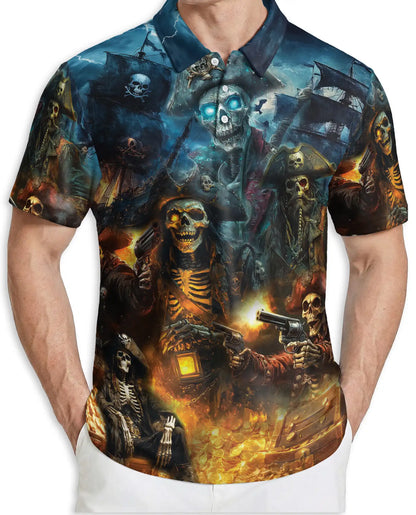 Pirate Skull 3D Polo Shirt for Men – Dark Gothic Skeleton Style | Azhobbyshop