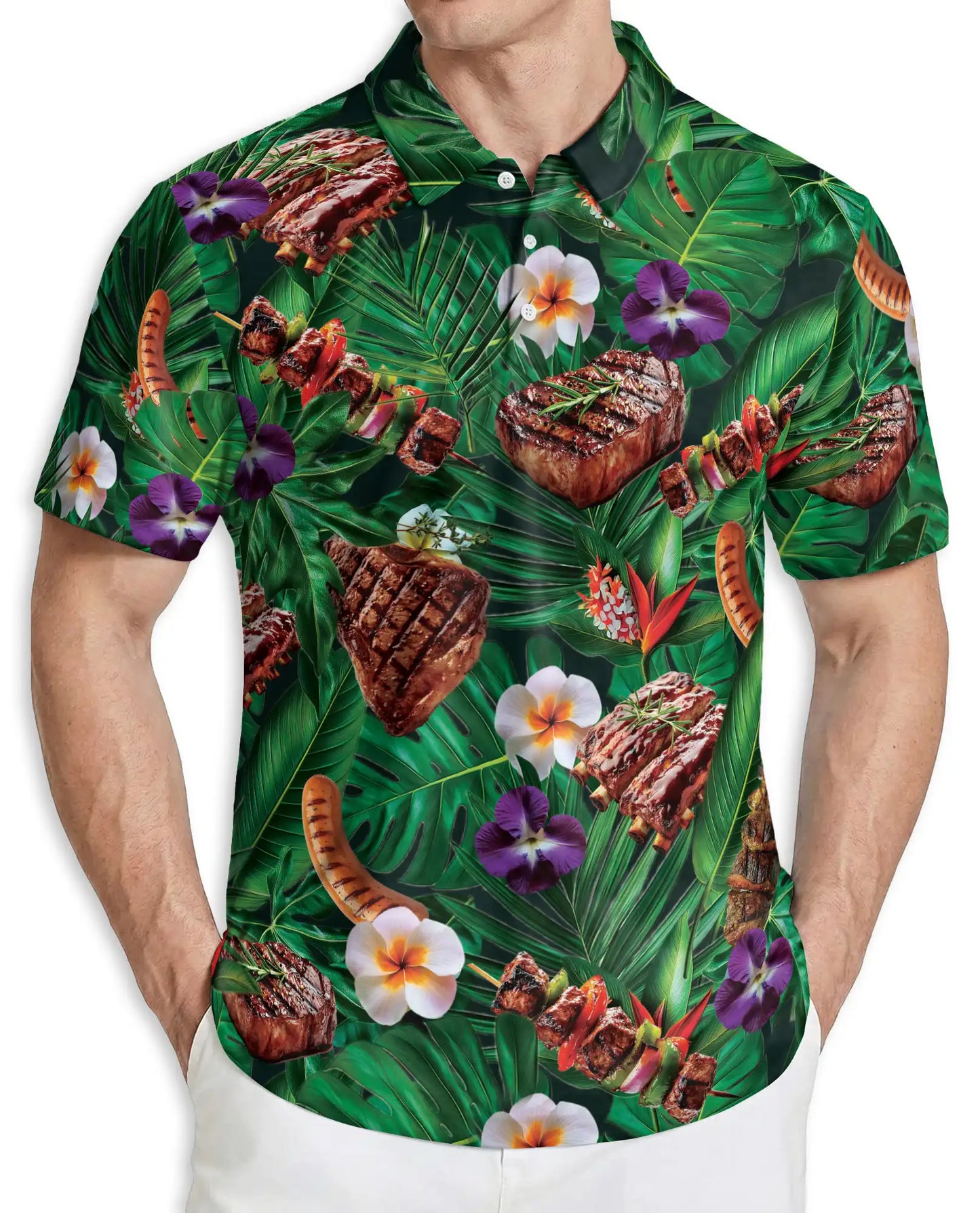 Grilled Steak Tropical Polo Shirt – BBQ Hawaiian Food Pattern | Azhobbyshop