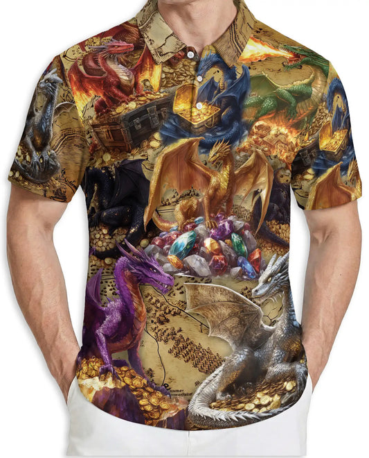 Fantasy Fire Dragon Treasure Hoard 3D Polo Shirt – Epic Dragon Art | Azhobbyshop